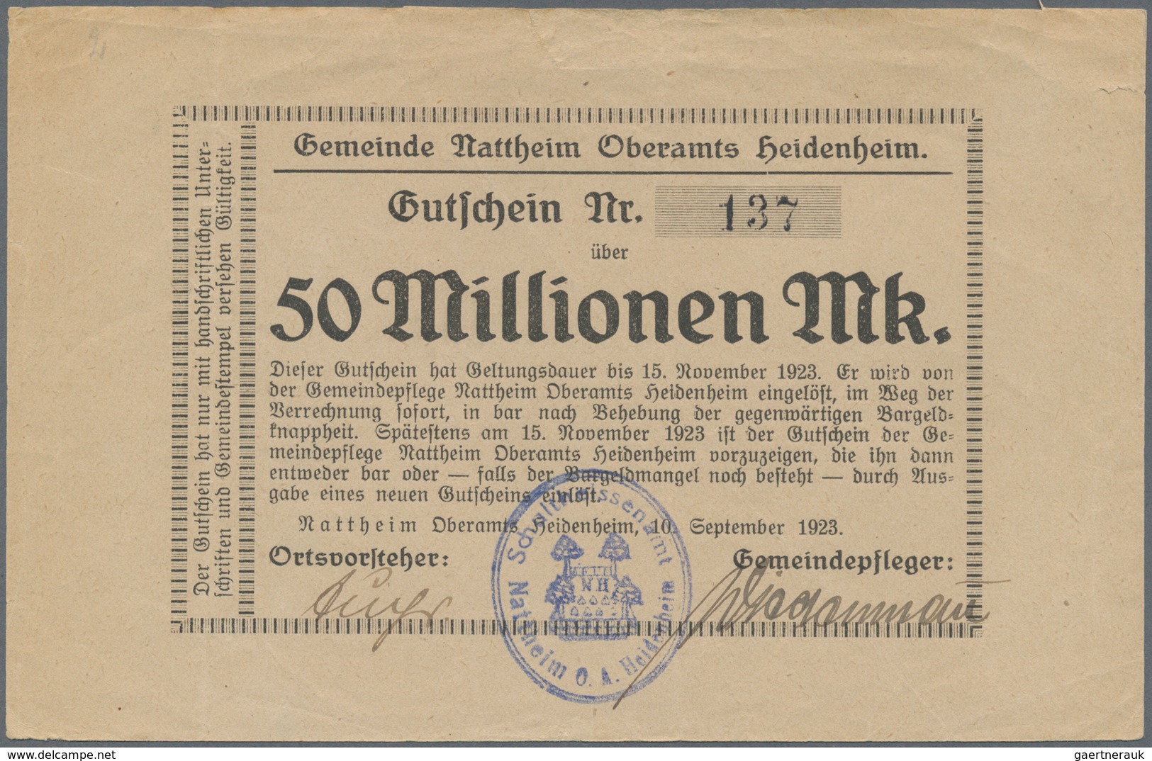 Deutschland - Notgeld - Württemberg: Nattheim, Gemeinde, 500 Tsd., 2 X 1, 2 X 2, 2 X 5, 4 X 50 Mio. - [11] Emissioni Locali