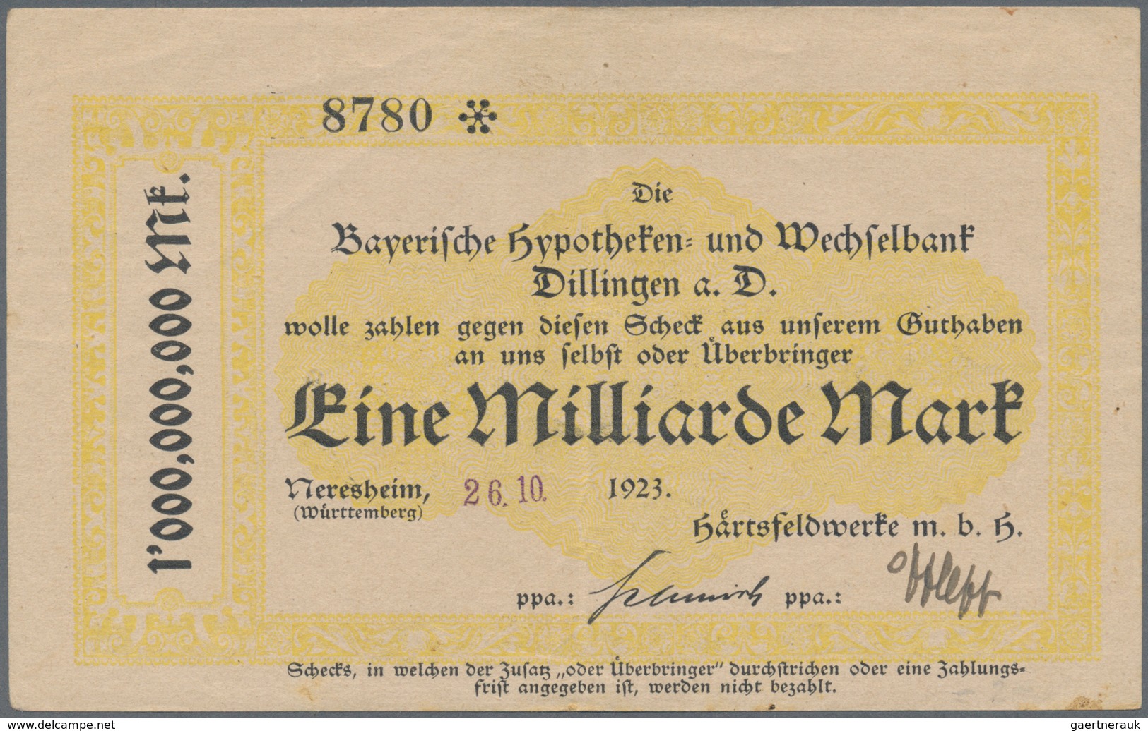 Deutschland - Notgeld - Württemberg: Neresheim, Härtsfeldwerke MbH, 500 Mio., 1 Mrd. Mark, 26.10.192 - [11] Emisiones Locales