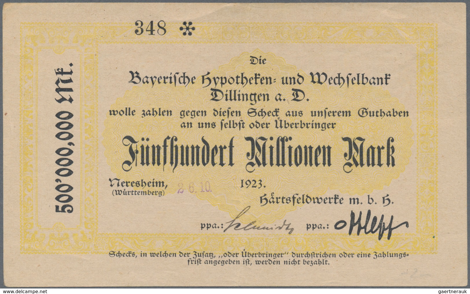 Deutschland - Notgeld - Württemberg: Neresheim, Härtsfeldwerke MbH, 500 Mio., 1 Mrd. Mark, 26.10.192 - [11] Emissions Locales