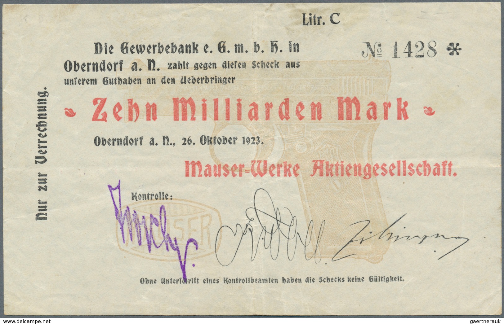 Deutschland - Notgeld - Württemberg: Oberndorf, Mauser-Werke AG, 100 Tsd. Mark, 10.8.1923, 1 Mio. Ma - [11] Emisiones Locales