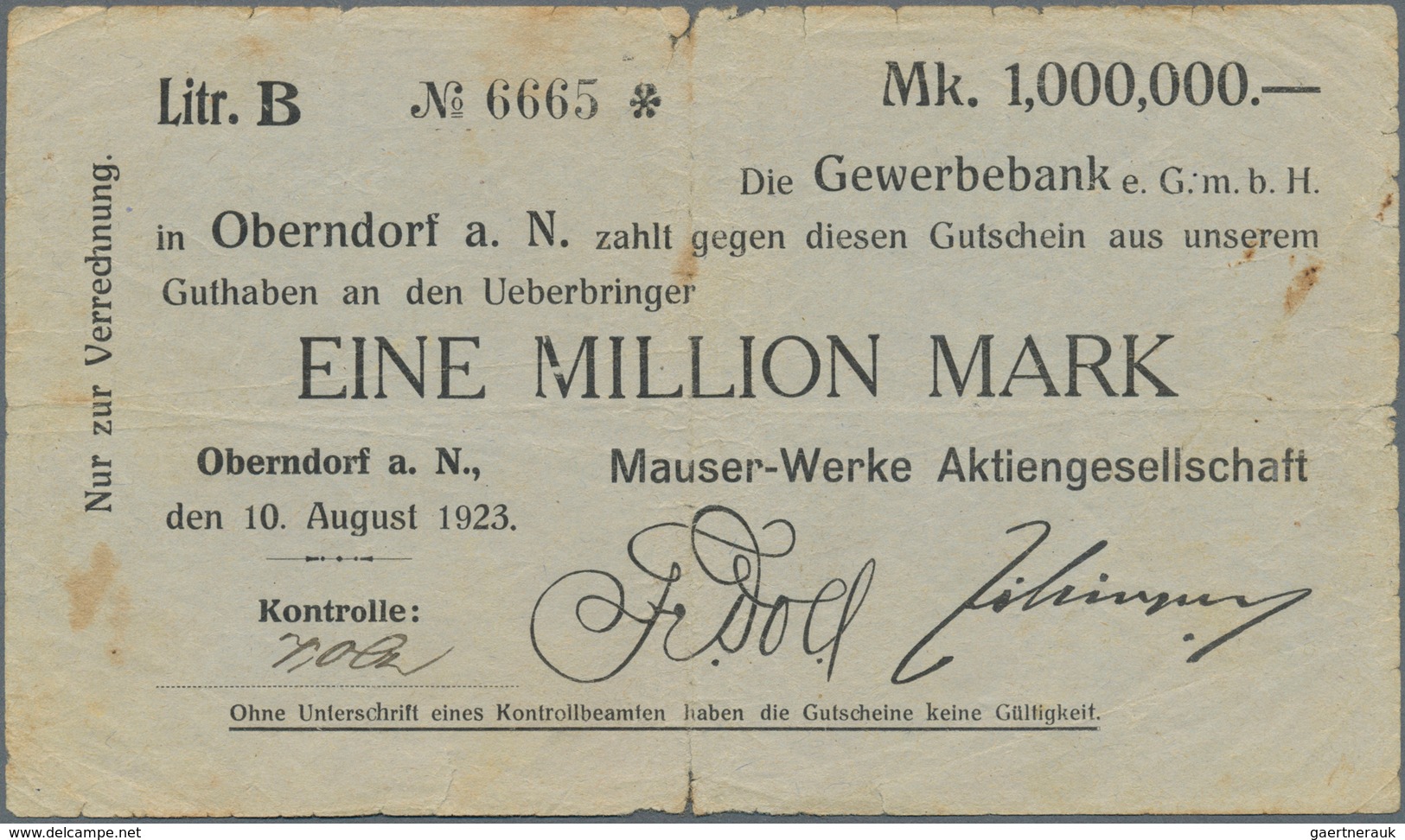 Deutschland - Notgeld - Württemberg: Oberndorf, Mauser-Werke AG, 100 Tsd. Mark, 10.8.1923, 1 Mio. Ma - [11] Emissioni Locali