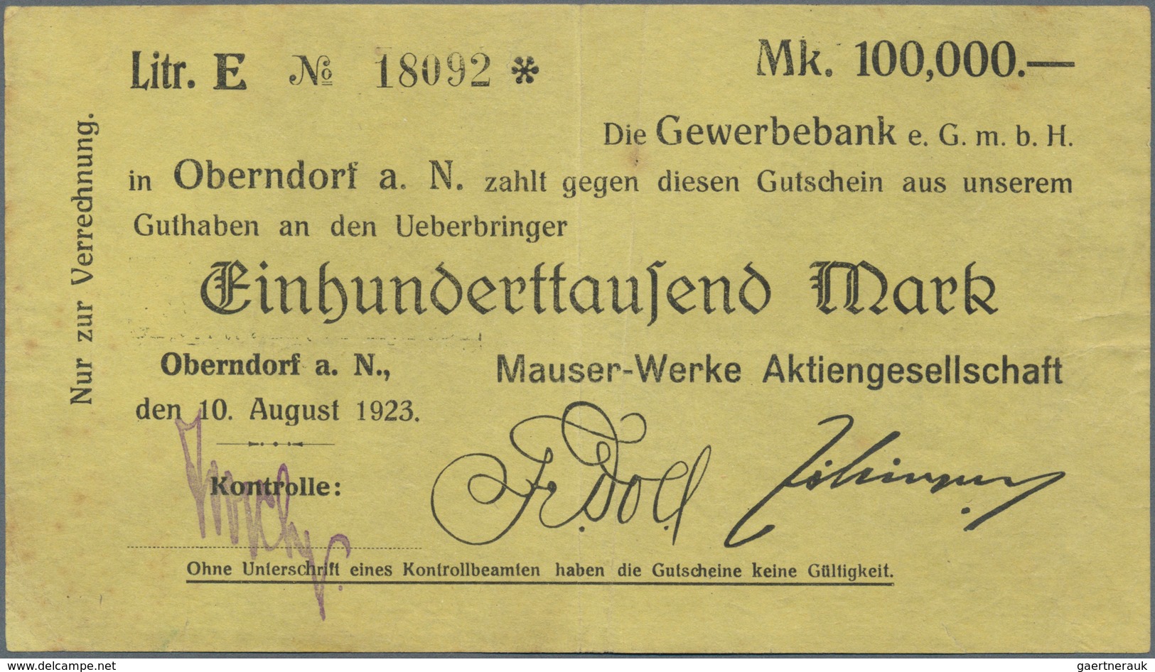 Deutschland - Notgeld - Württemberg: Oberndorf, Mauser-Werke AG, 100 Tsd. Mark, 10.8.1923, 1 Mio. Ma - [11] Emisiones Locales