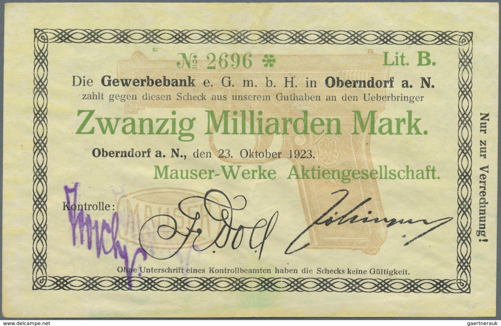 Deutschland - Notgeld - Württemberg: Oberndorf, Mauser-Werke AG, 100 Tsd. Mark, 10.8.1923, 1 Mio. Ma