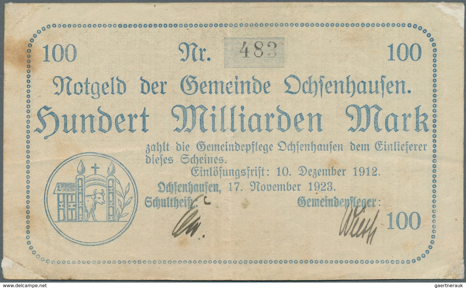Deutschland - Notgeld - Württemberg: Ochsenhausen, Gemeinde, 5, 10, 20 Mrd. Mark, 27.10.1923, 2 X 10 - [11] Emissioni Locali