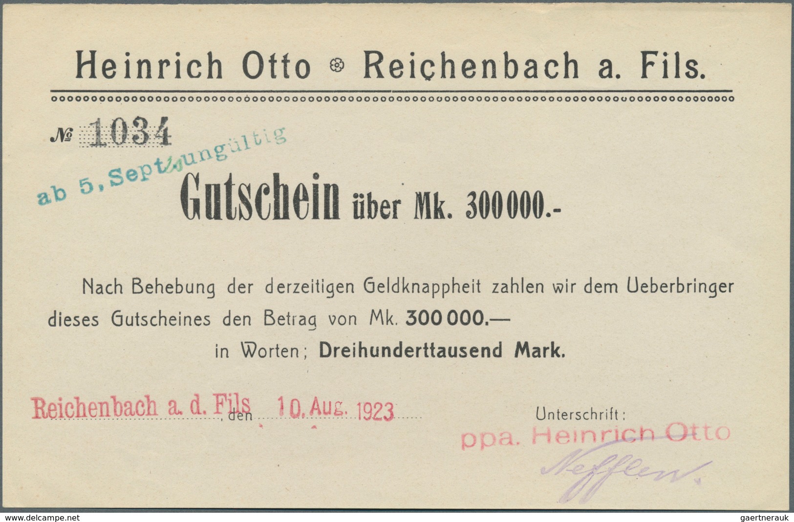 Deutschland - Notgeld - Württemberg: Reichenbach/Fils, Heinrich Otto, 50, 100, 200, 300, 500 Tsd. Ma - [11] Emissions Locales