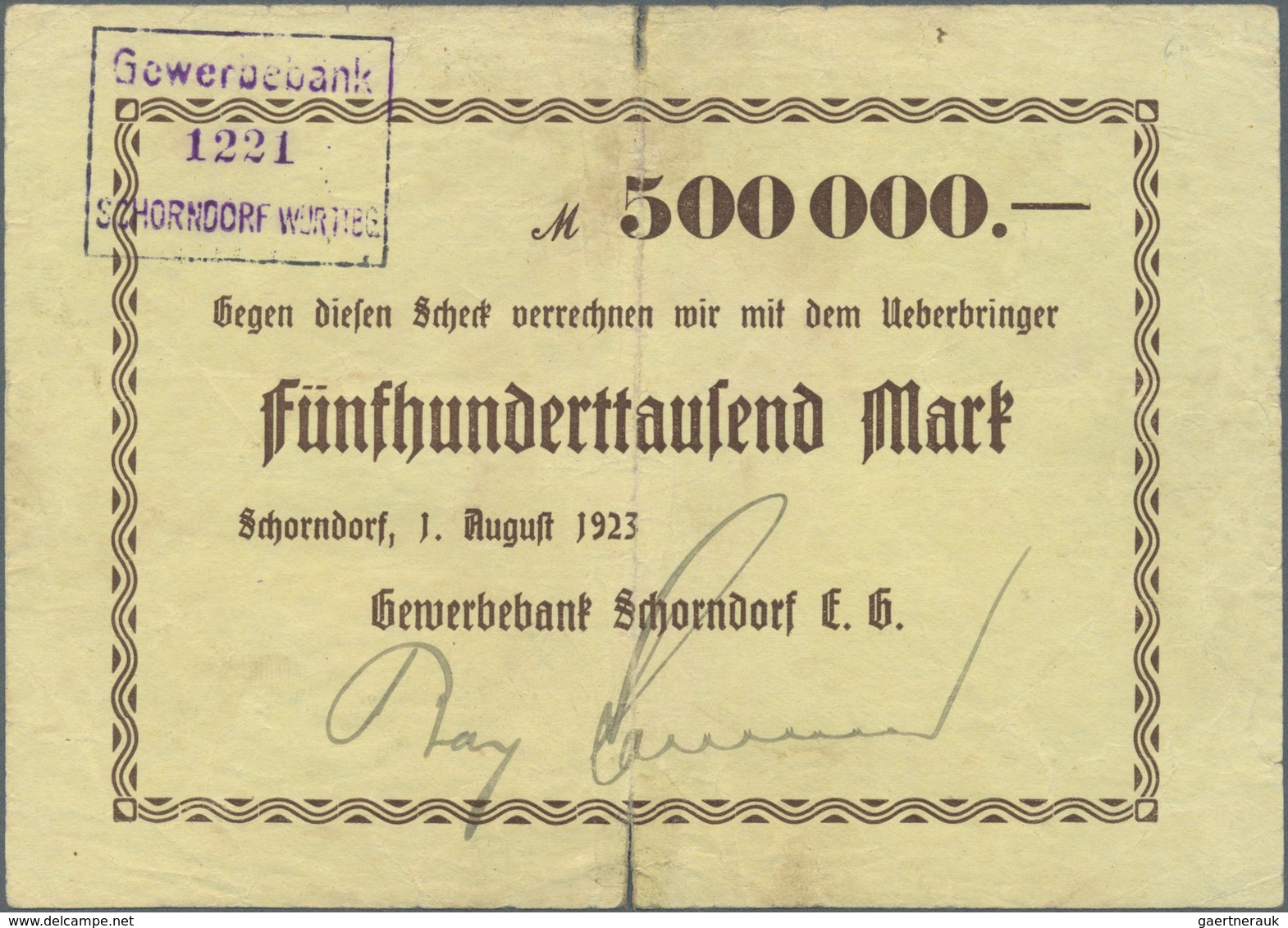 Deutschland - Notgeld - Württemberg: Schorndorf, Gewerbebank, 500 Tsd. Mark, 1.8.1923, 5 Mrd. Mark, - [11] Emisiones Locales