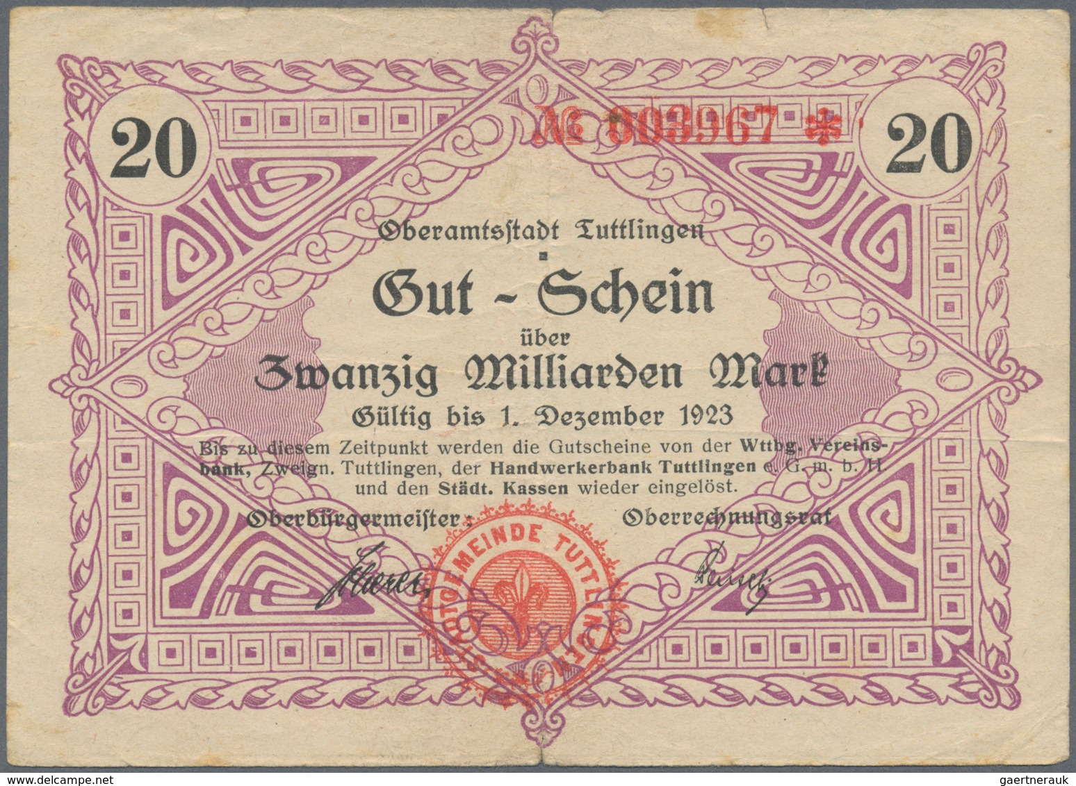 Deutschland - Notgeld - Württemberg: Tuttlingen, Stadt, 2 X 50 Pf., 1918; Je 2 X 10, 20, 50 Mark, 23 - [11] Emisiones Locales