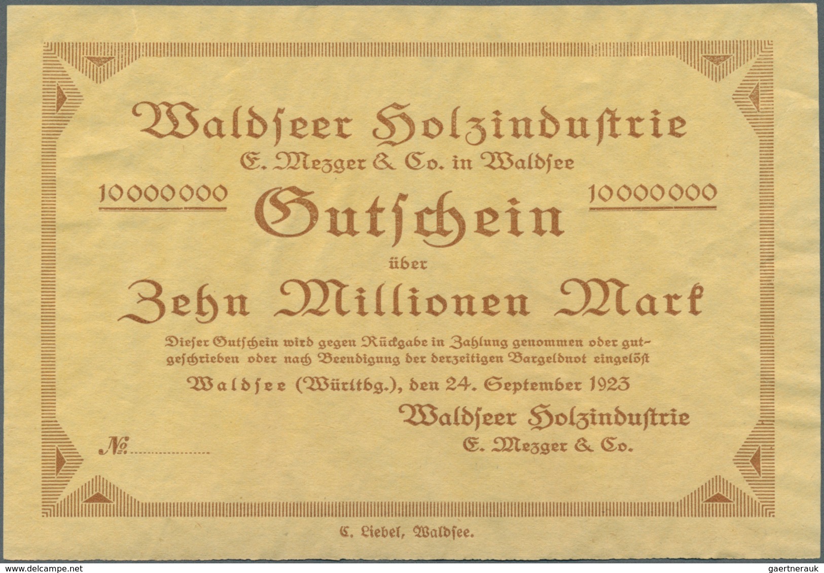 Deutschland - Notgeld - Württemberg: Waldsee, Waldseer Holzindustrie, 5, 10 Mio. Mark, 24.9.1923, Bl - [11] Emissions Locales