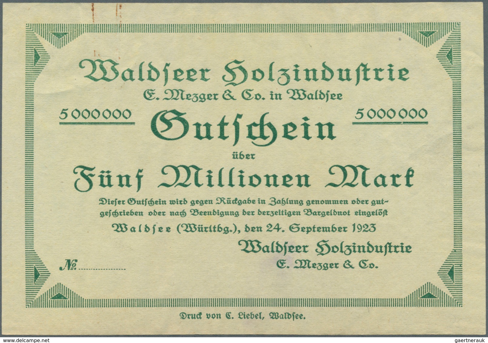 Deutschland - Notgeld - Württemberg: Waldsee, Waldseer Holzindustrie, 5, 10 Mio. Mark, 24.9.1923, Bl - [11] Emissions Locales