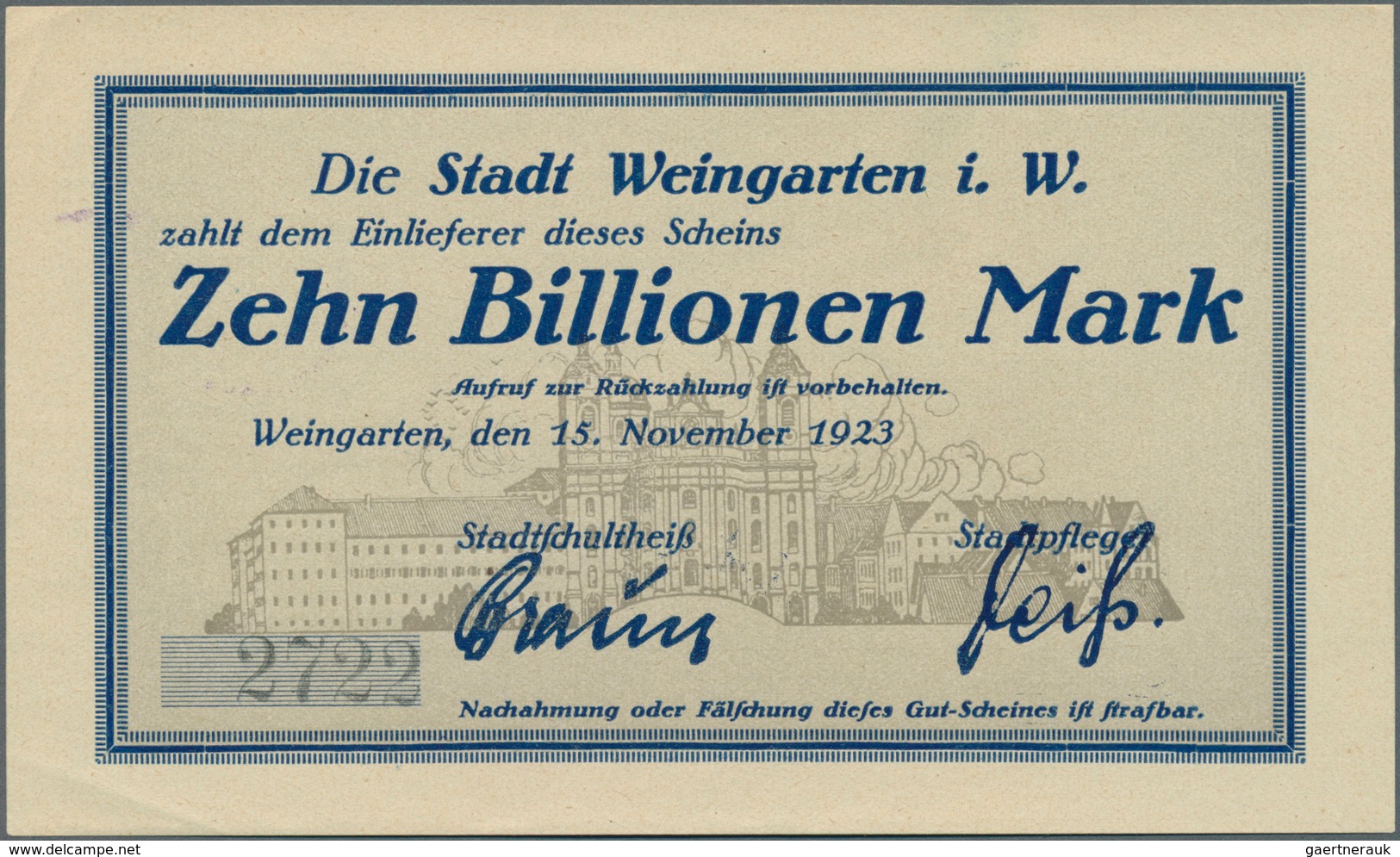 Deutschland - Notgeld - Württemberg: Weingarten, Gewerbebank, 1, 2, 5, 10 Mio. Mark, 13.9.1923, Eige - [11] Emissioni Locali