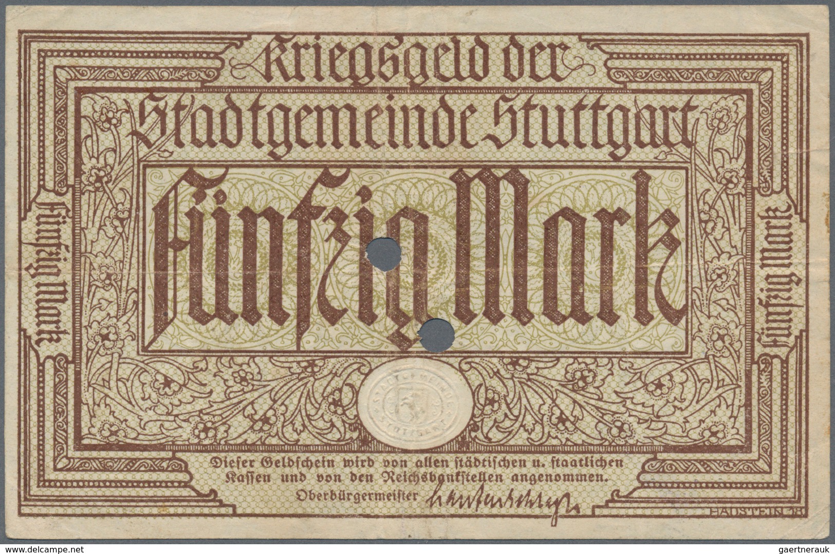 Deutschland - Notgeld - Württemberg: Stuttgart, Stadt, 2 X 5, 20, 50 Mark, O. D. (1918) (Karau 18. 1 - [11] Emissioni Locali