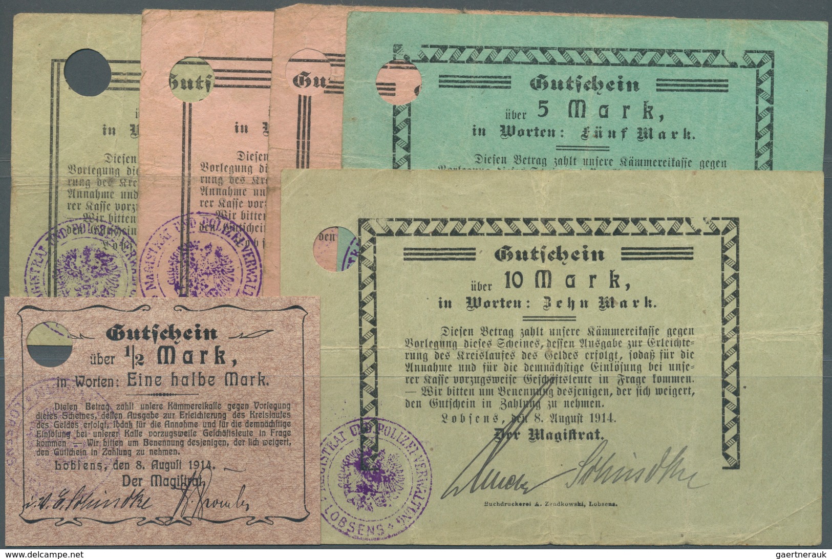 Deutschland - Notgeld - Ehemalige Ostgebiete: Lobsens, Posen, Magistrat, 1/2 (grau), 1, 2, 3, 5, 10 - Autres & Non Classés