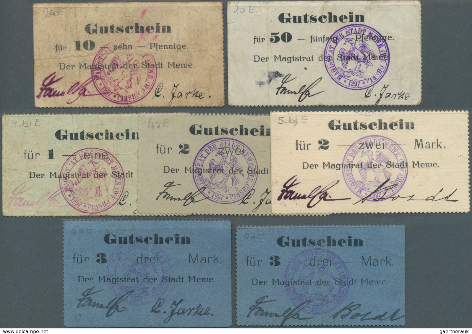 Deutschland - Notgeld - Ehemalige Ostgebiete: Mewe, Magistrat, 10, 50 Pf., 1, 2 (2, Grau Und Weiß), - Otros & Sin Clasificación