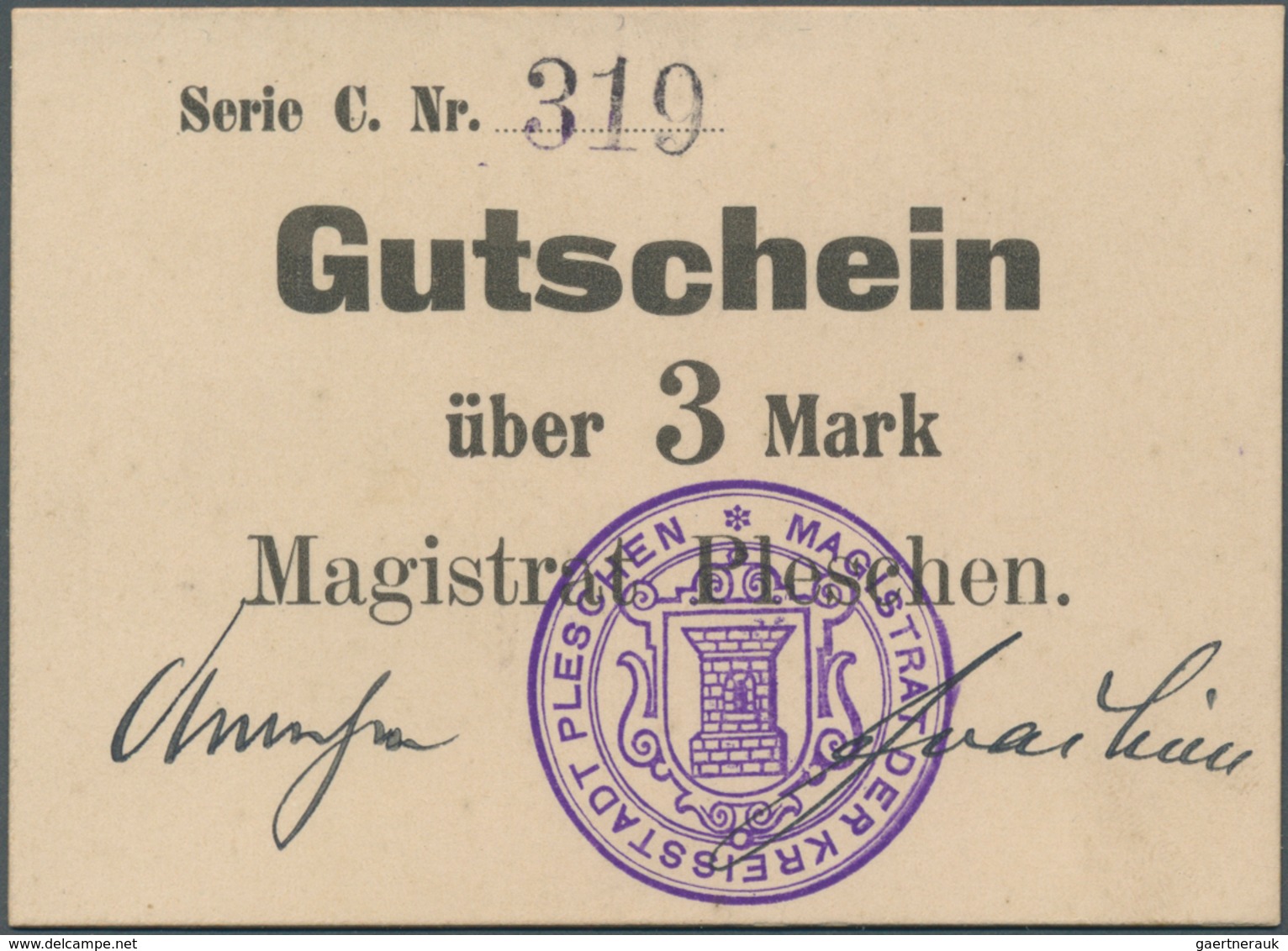 Deutschland - Notgeld - Ehemalige Ostgebiete: Pleschen, Posen, Magistrat, 3 Mark, O. D., Serie C, Rs - Autres & Non Classés