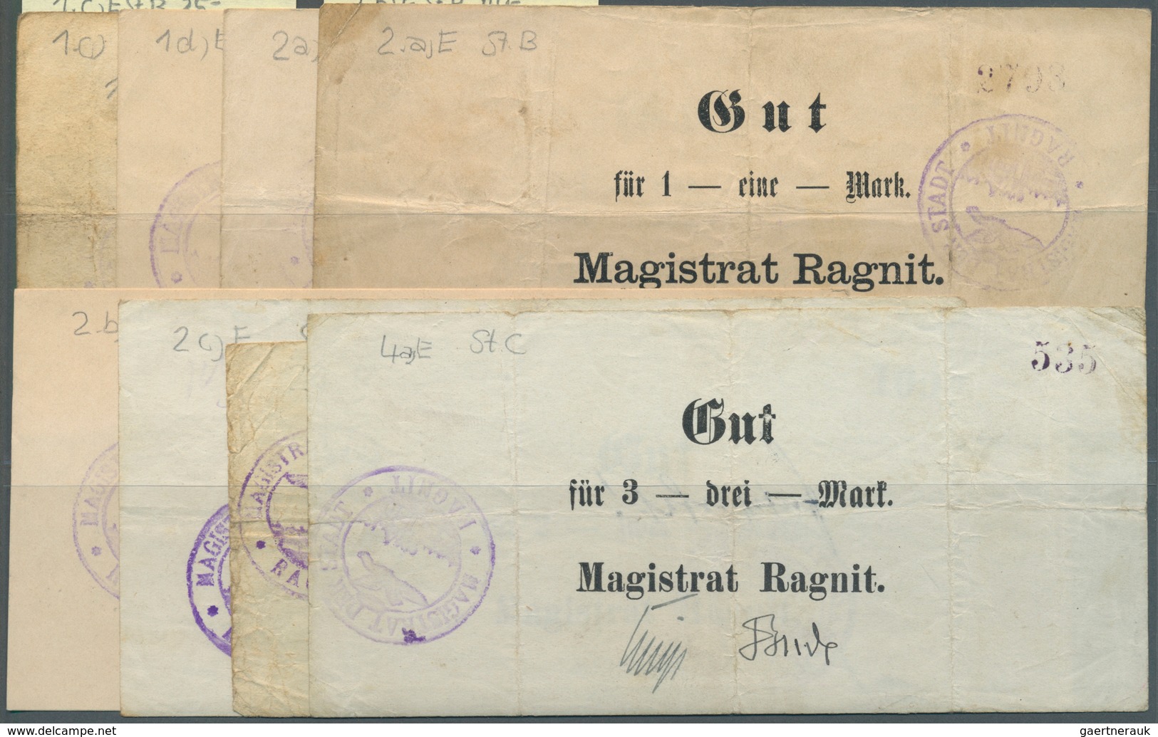 Deutschland - Notgeld - Ehemalige Ostgebiete: Ragnit, Ostpreußen, Magistrat, 1/2 (2), 1 (4), 2, 3 Ma - Altri & Non Classificati