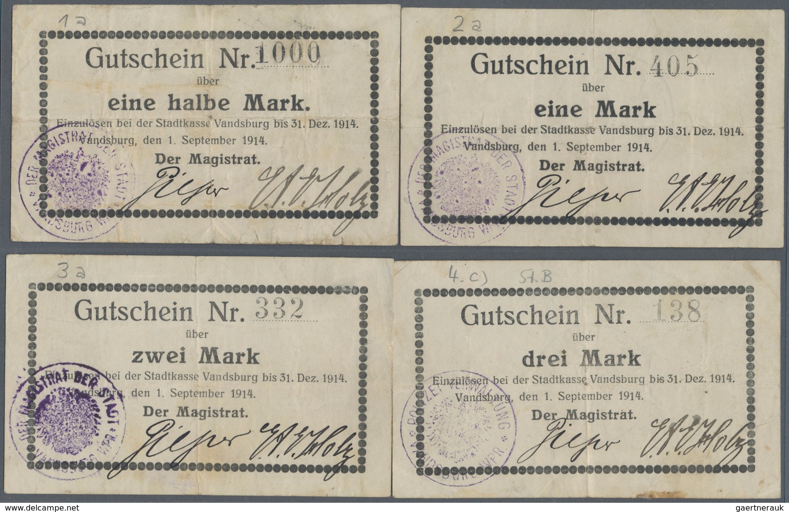 Deutschland - Notgeld - Ehemalige Ostgebiete: Vandsburg, Westpreußen, Magistrat, 1/2, 1, 2, 3 Mark, - Altri & Non Classificati