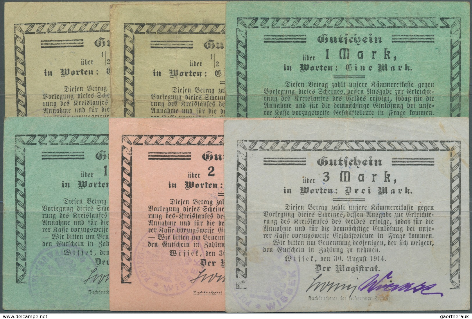 Deutschland - Notgeld - Ehemalige Ostgebiete: Wissek, Posen, Magistrat, 1/2 (2), 1 (2), 2, 3 Mark, 3 - Autres & Non Classés