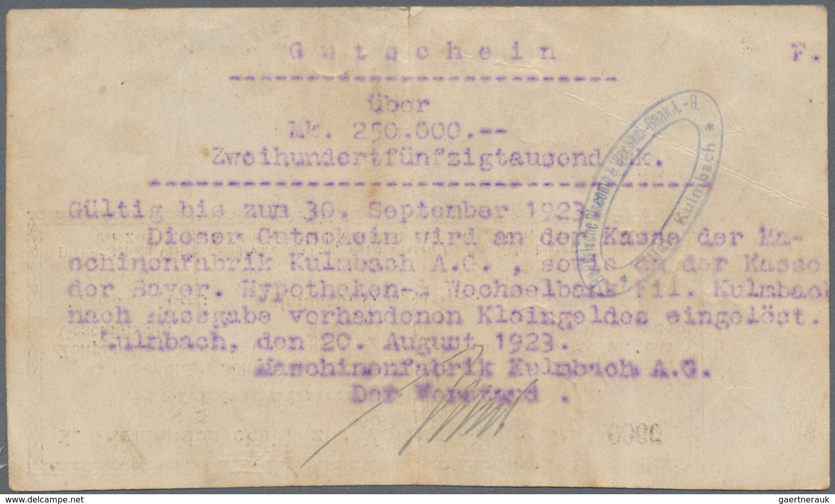 Deutschland - Notgeld - Bayern: Kulmbach, Ireks Akteingesellschaft, 4 X 1 Mio., Mark, 16.8.1923, 5 M - [11] Emisiones Locales