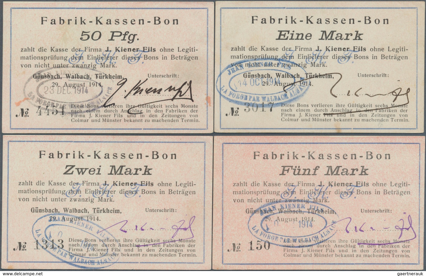 Deutschland - Notgeld - Elsass-Lothringen: Walbach, Oberelsass, J. Kiener Fils, 50 Pf., 1, 2, 5 Mark - Altri & Non Classificati