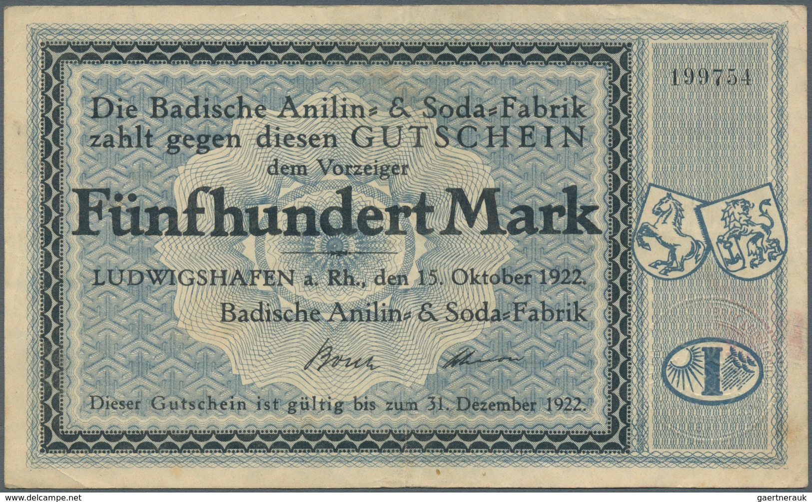 Deutschland - Notgeld - Pfalz: Ludwigshafen, BASF, 6 X 500 Mark, 15.10.1922, Einlösungsfrist Vorders - [11] Emissioni Locali