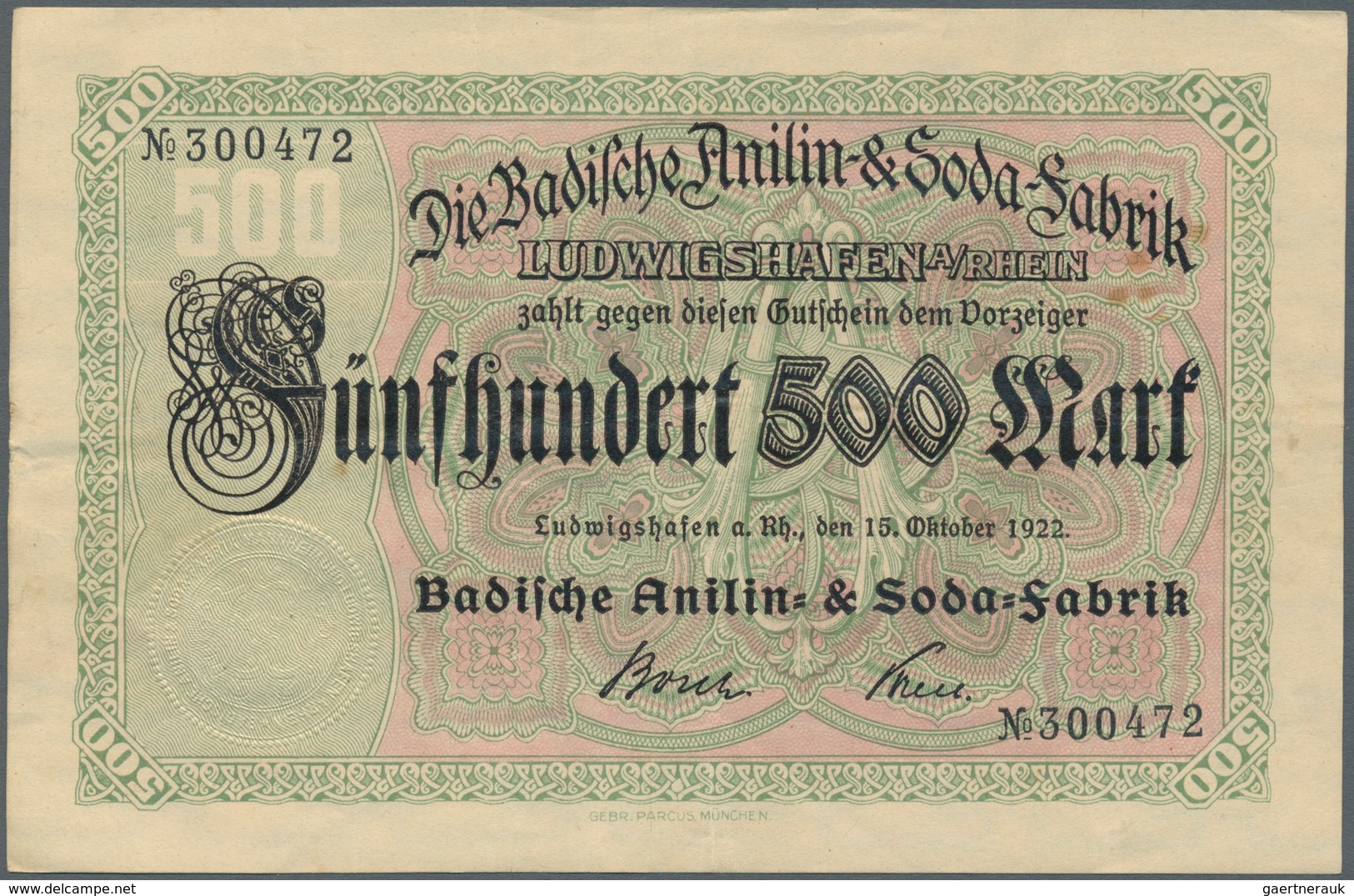 Deutschland - Notgeld - Pfalz: Ludwigshafen, BASF, 6 X 500 Mark, 15.10.1922, Einlösungsfrist Vorders - [11] Emisiones Locales