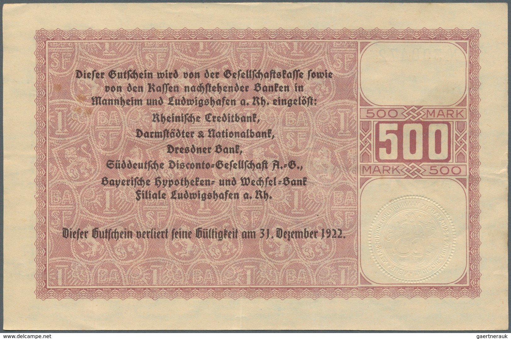 Deutschland - Notgeld - Pfalz: Ludwigshafen, BASF, 6 X 500 Mark, 15.10.1922, Einlösungsfrist Vorders - [11] Emissions Locales