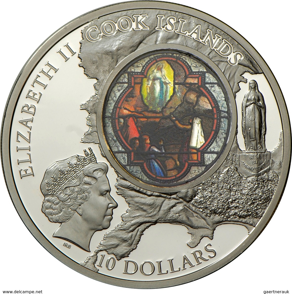 Cook Inseln: WINDOWS OF HEAVEN: Obere Basilika Lourdes "Erscheinungsfenster", 10 Dollars 2013, 50 G, - Isole Cook