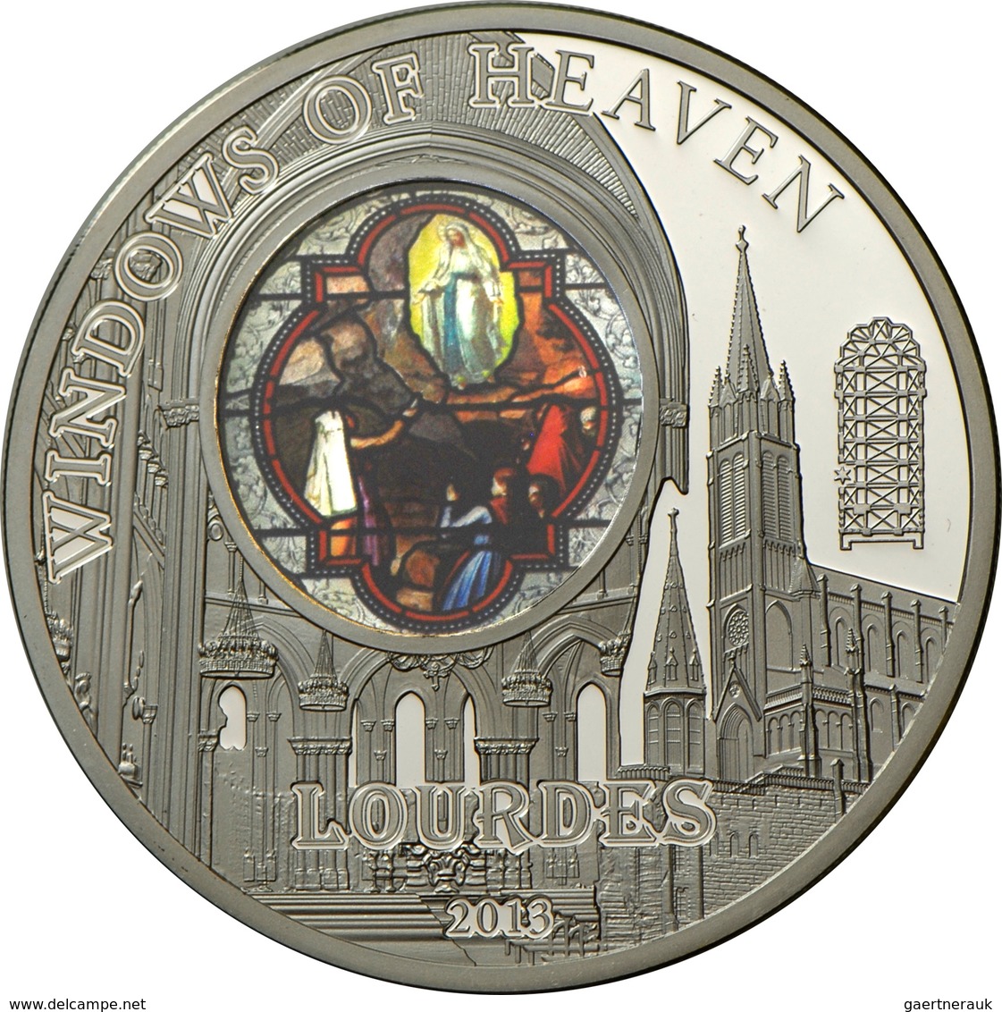 Cook Inseln: WINDOWS OF HEAVEN: Obere Basilika Lourdes "Erscheinungsfenster", 10 Dollars 2013, 50 G, - Isole Cook