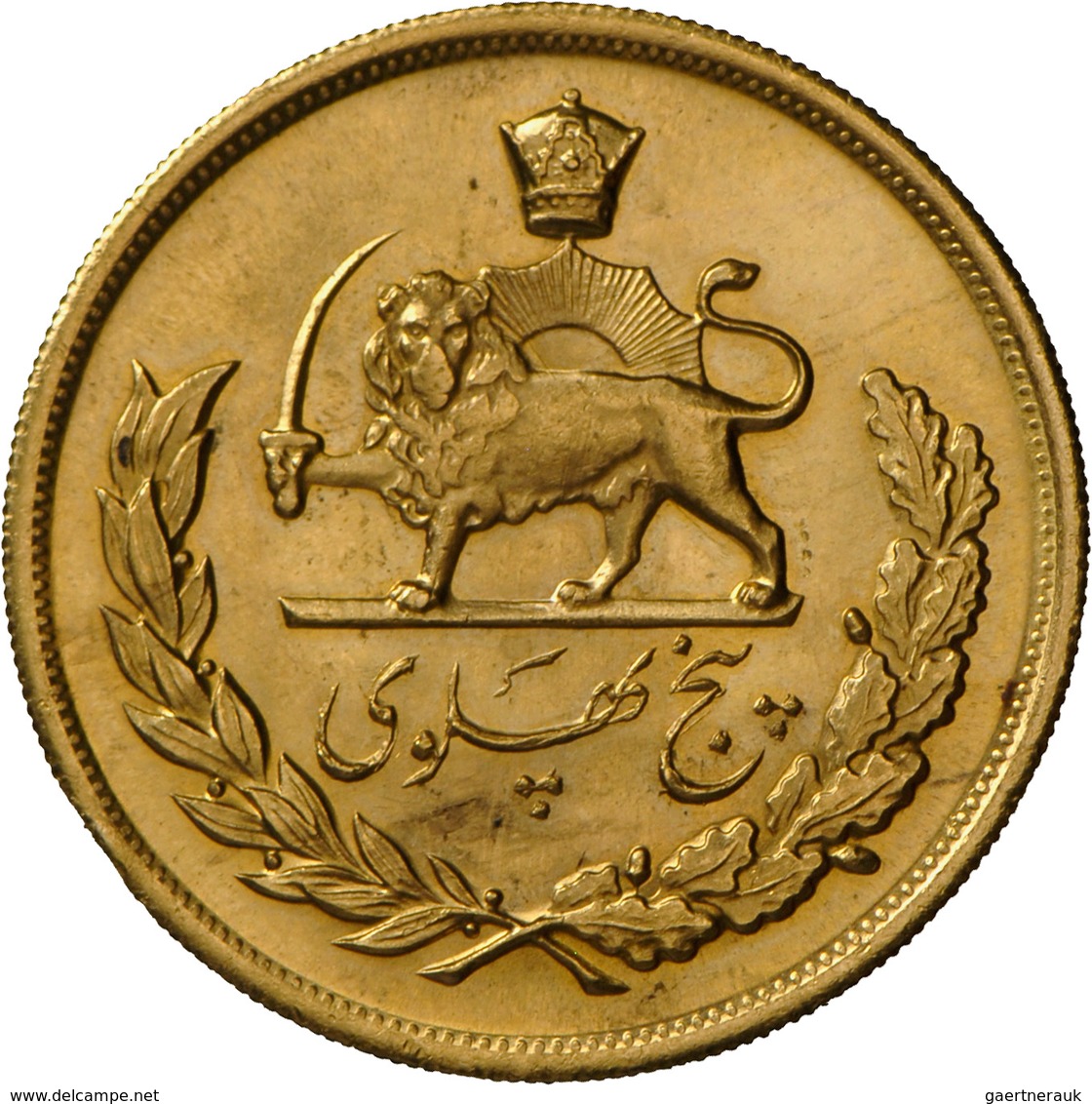 Iran - Anlagegold: Mohammad Reza Shah 1941-1979: 5 Pahlavi MS2536 (1977), Gold 900/1000; 40,6 G, KM# - Iran