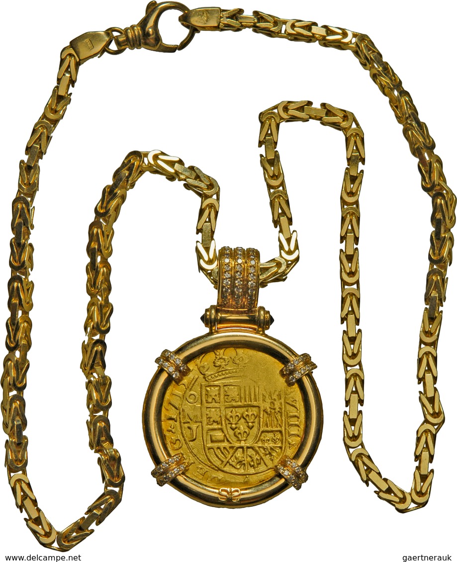 Mexiko: Felipe V. 1700-1746: 8 Escudos 1715, Mexiko-Stadt, Mit Einer 18 Karat Goldkette Im "square-b - México