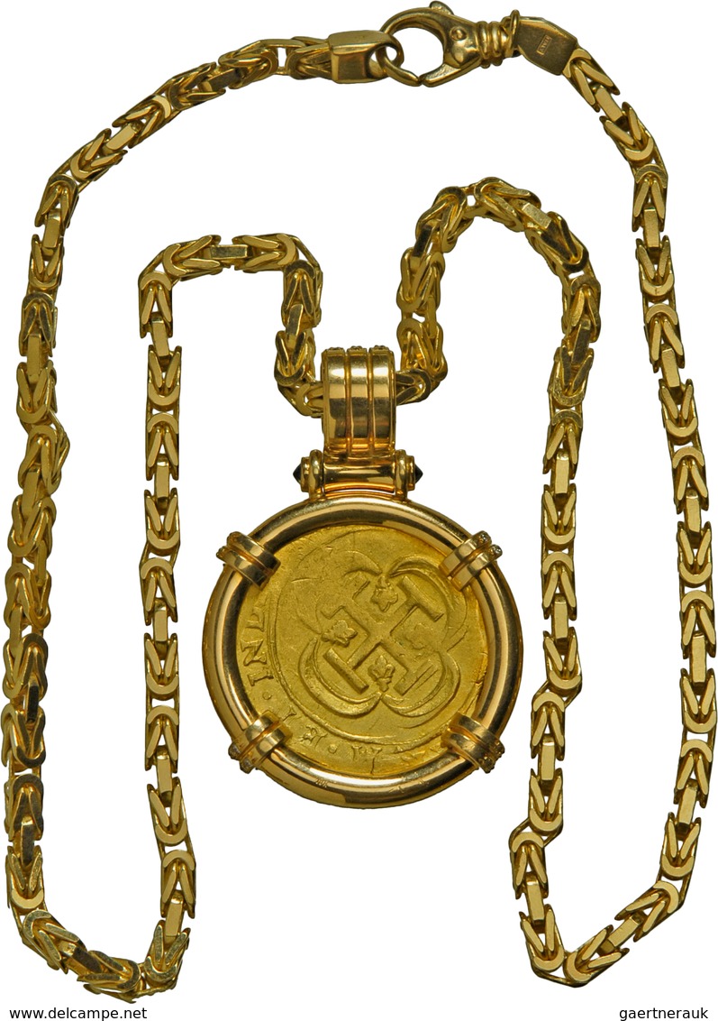 Mexiko: Felipe V. 1700-1746: 8 Escudos 1715, Mexiko-Stadt, Mit Einer 18 Karat Goldkette Im "square-b - México