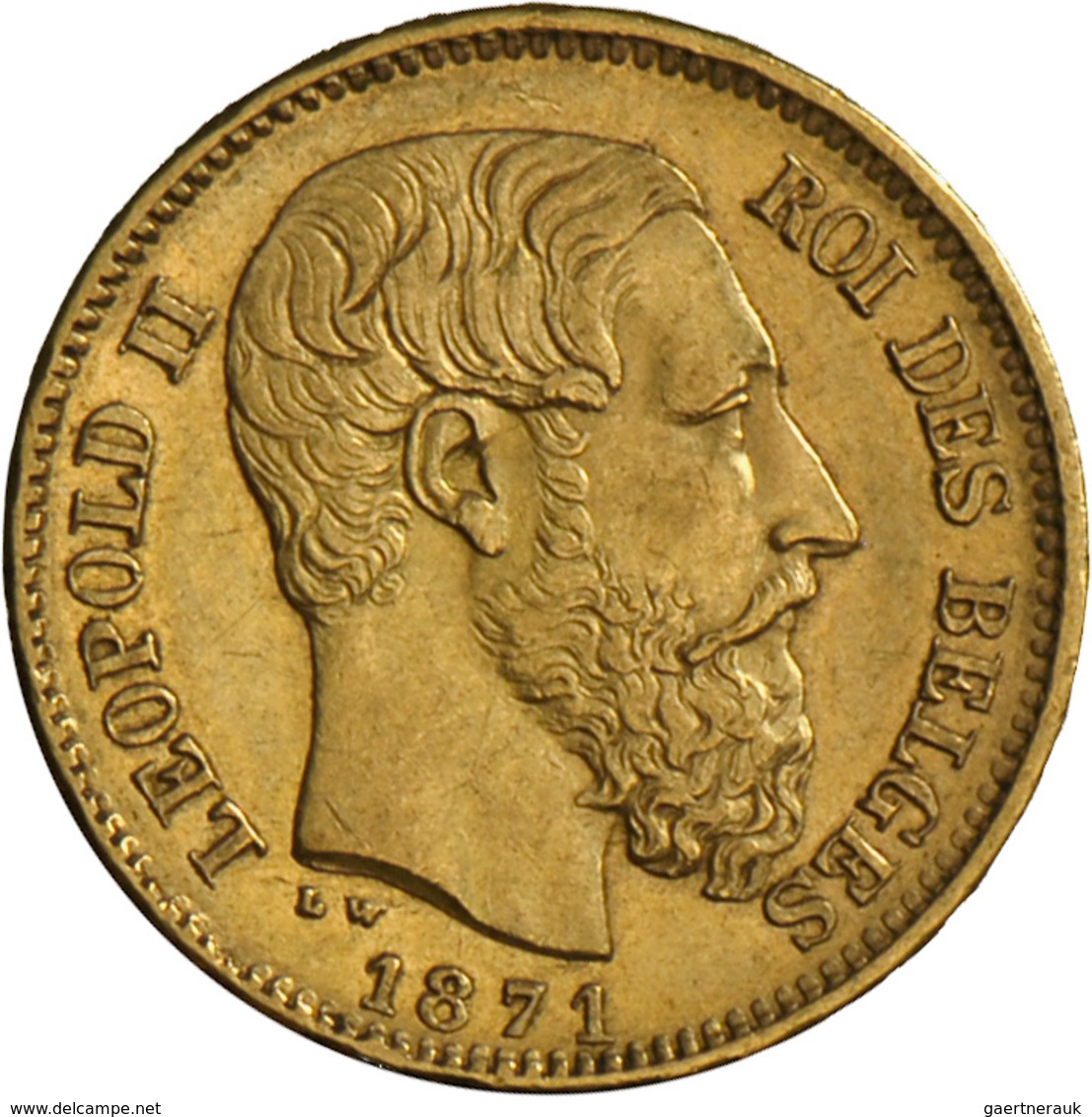 Belgien - Anlagegold: Leopold II. 1865-1909: 20 Francs 1871 LW (Pos. A), KM# 37, Friedberg 412, 6,45 - Autres & Non Classés
