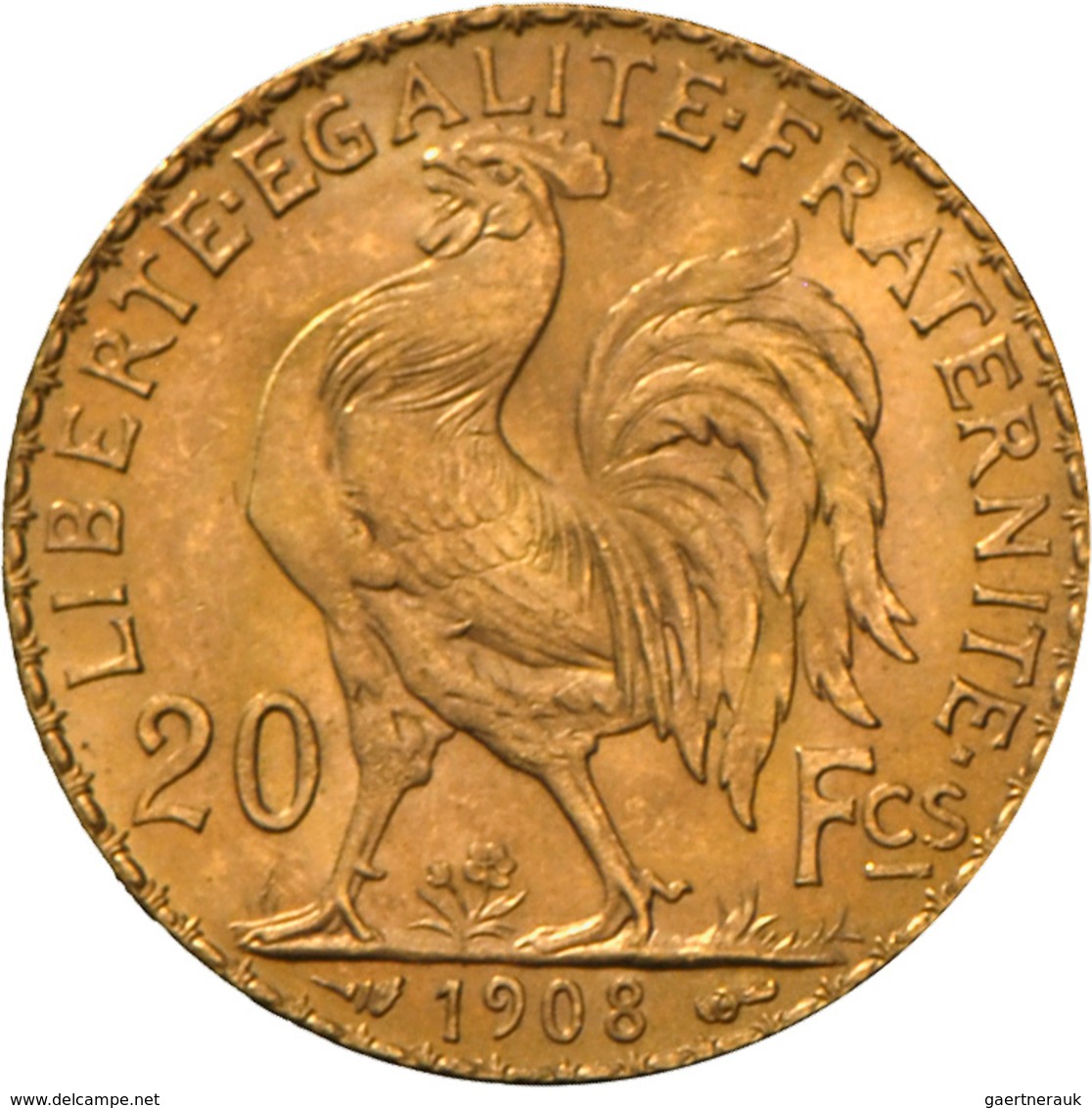 Frankreich - Anlagegold: Dritte Republik 1871-1940: 20 Francs 1908 (Hahn / Marianne). 6,46 G, 900/10 - Andere & Zonder Classificatie