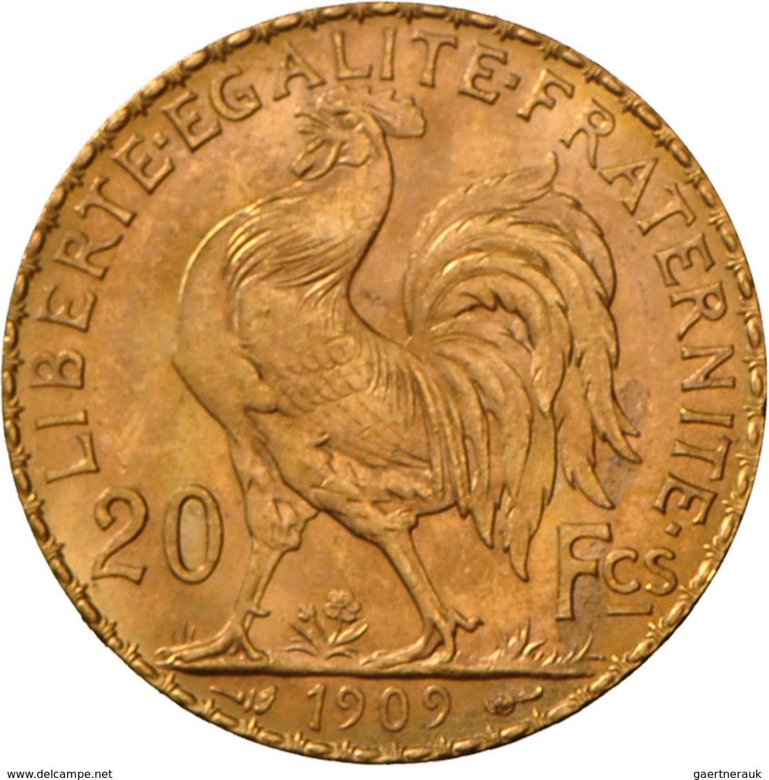 Frankreich - Anlagegold: Dritte Republik 1871-1940: 20 Francs 1909 (Hahn / Marianne). 6,46 G, 900/10 - Autres & Non Classés