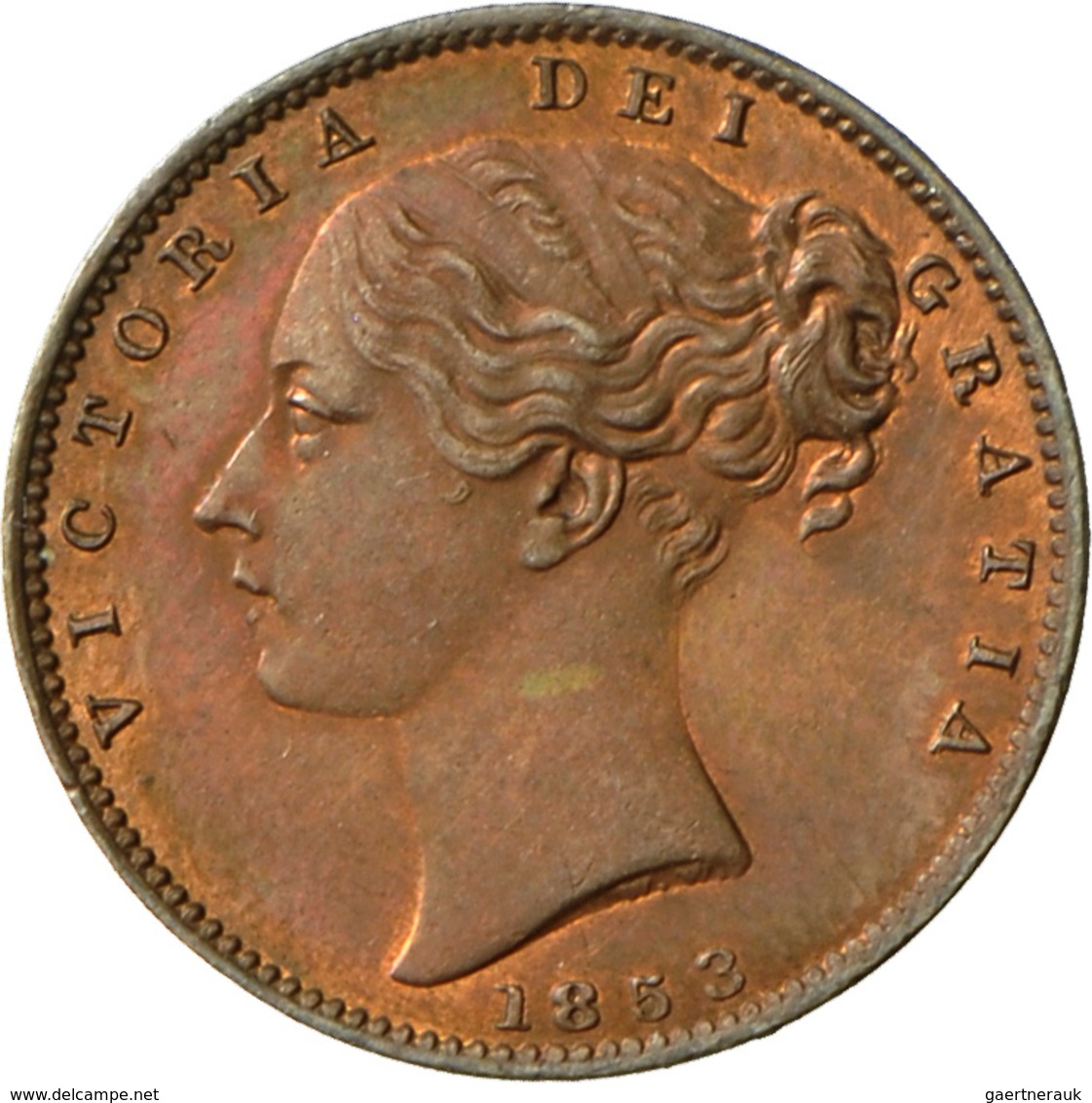 Großbritannien: Victoria 1837-1901: Farthing 1853, KM# 725, Mit Wunderschönen Patina Tönung, Stempel - Autres & Non Classés