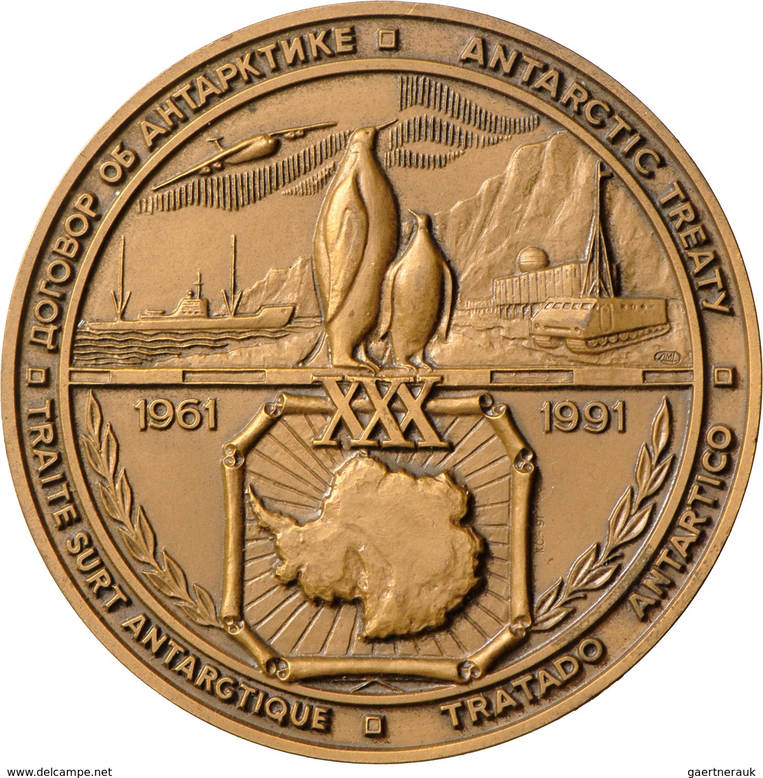 Sowjetunion: Bronzemedaille 1991 - 30 Years Anniversary Of The Antarctic Treaty 1961-1991, 64,8 Mm, - Rusland