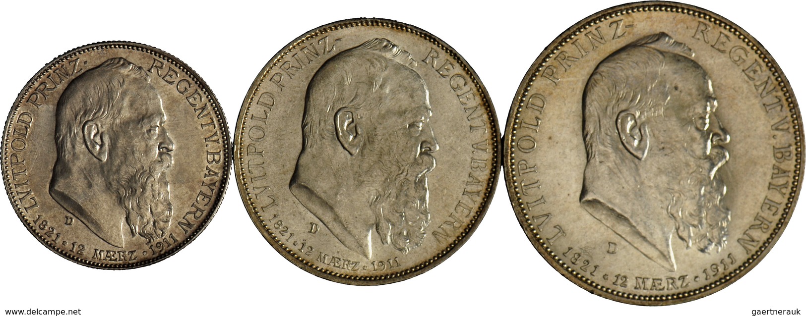 Bayern: Luitpold 1886-1912: Lot 3 Münzen: 2 Mark , 3 Mark Und 5 Mark 1911 D Zum 90. Geburtstag Und 2 - Taler Et Doppeltaler