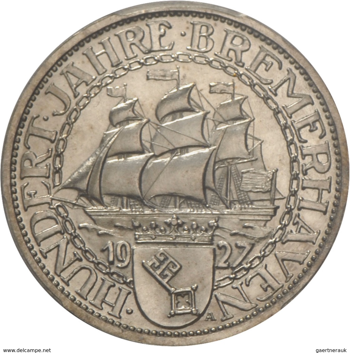 Weimarer Republik: 3 Reichsmark 1927 A, Bremerhaven, Jaeger 325, In US-Plastikholder PCGS PR64, Poli - Otros & Sin Clasificación