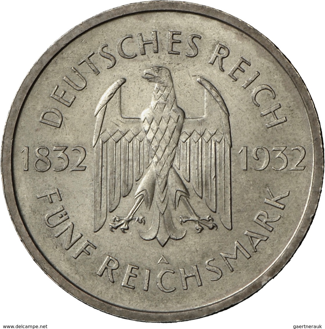 Weimarer Republik: 5 Reichsmark 1932 F, Johann Wolfgang Von Goethe, Zum 100. Todestag, Jaeger 351, E - Otros & Sin Clasificación