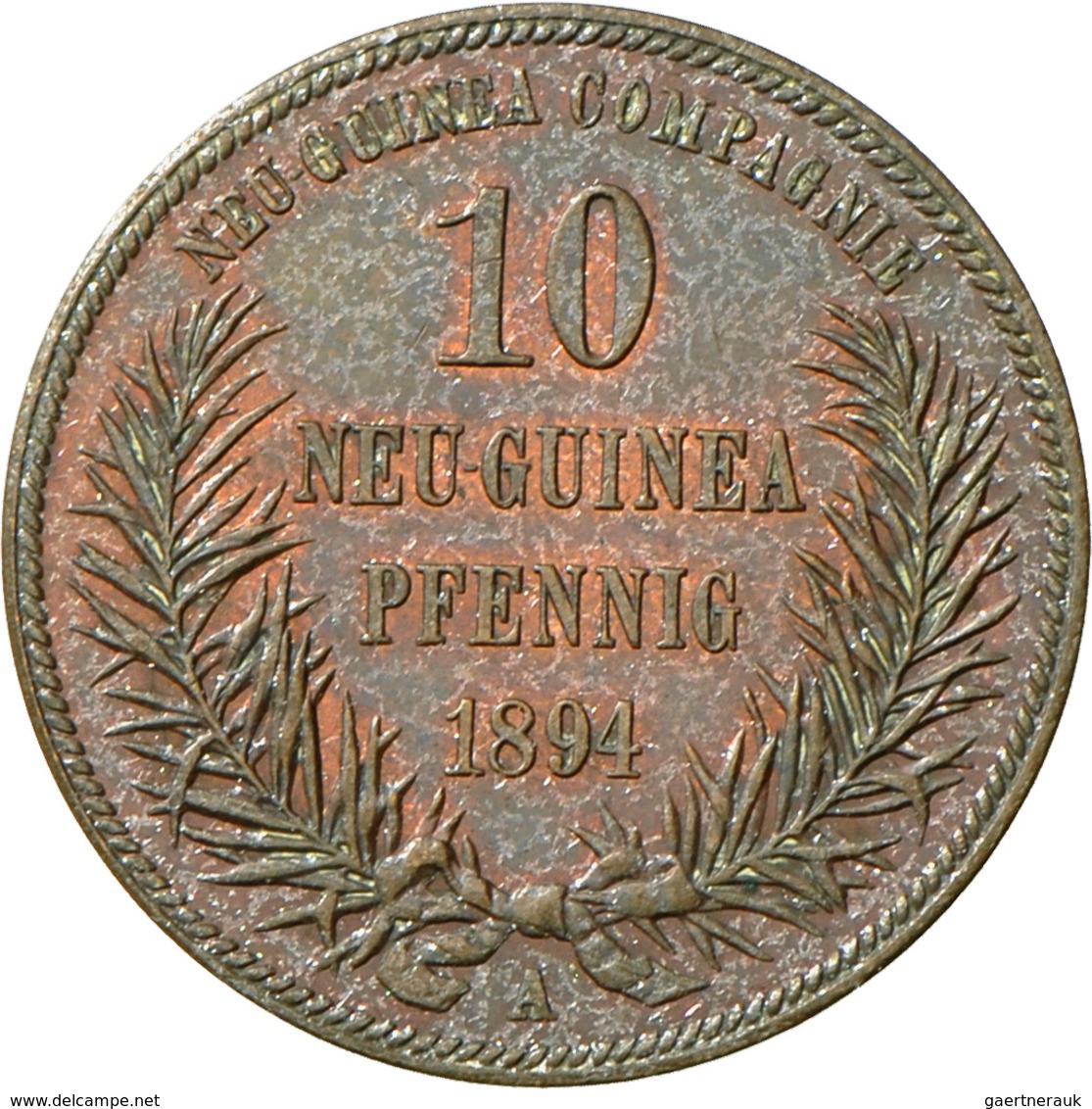 Deutsch-Neuguinea: 10 Neu-Guinea Pfennig 1894 A, Paradiesvogel, Jaeger 703, AKS 961, Schöne Kupferpa - Nouvelle Guinée Allemande