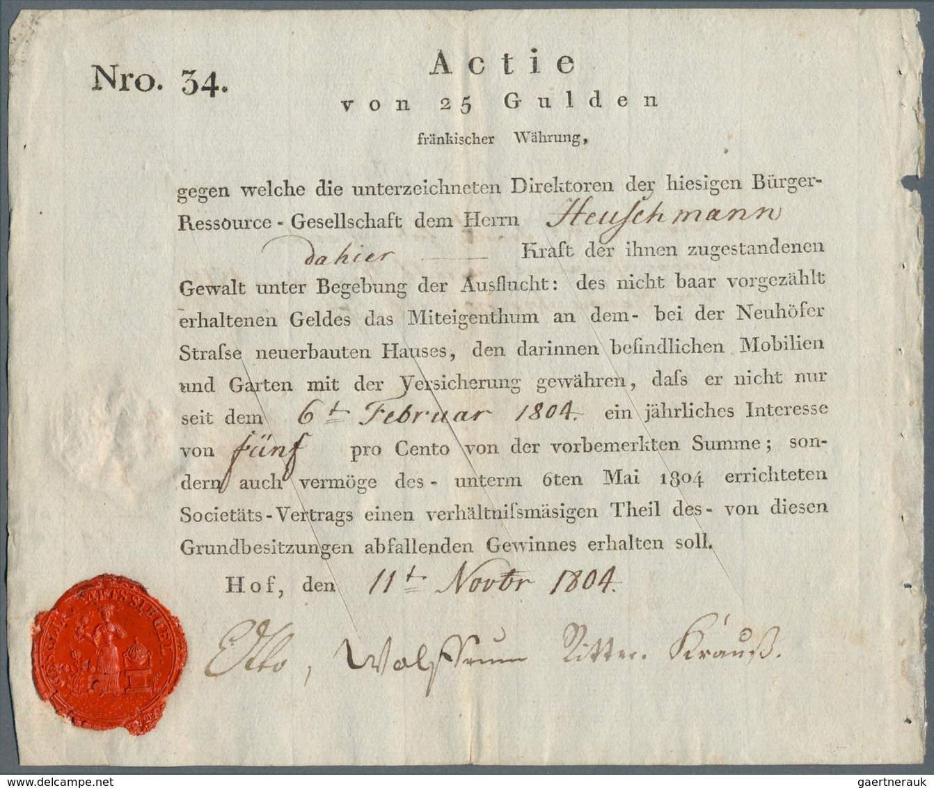 Alte Aktien / Wertpapiere: 1804, Bürger-Ressource-Gesellschaft Hof 1804, Aktie über 25 Gulden Mit Ge - Autres & Non Classés