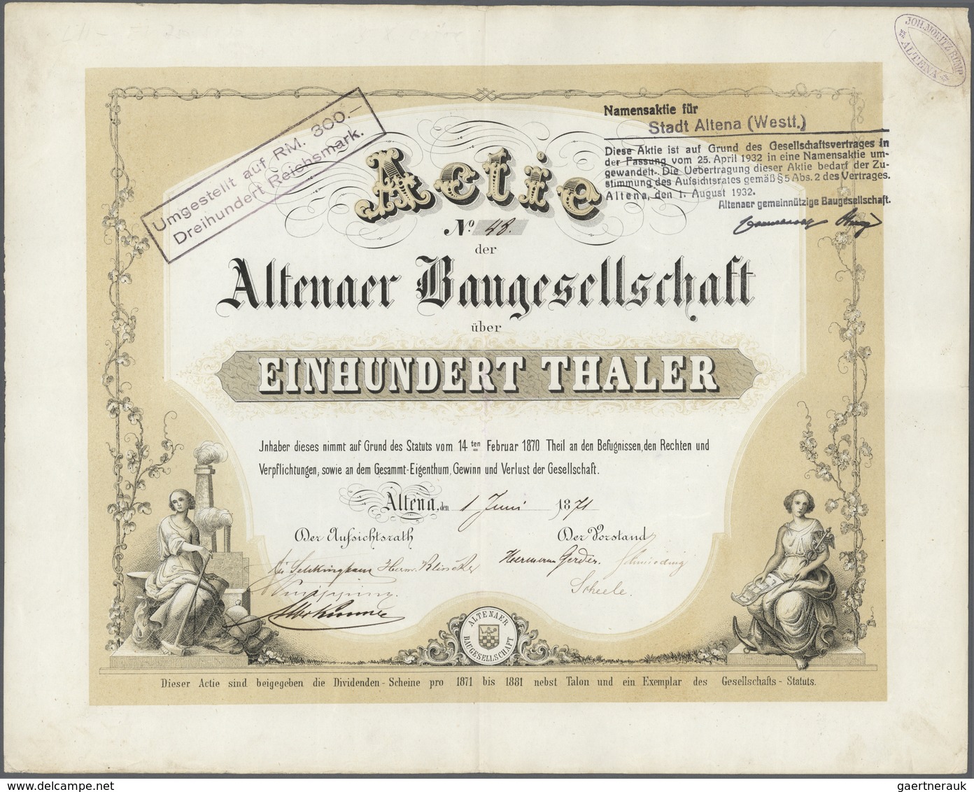 Alte Aktien / Wertpapiere: 1871: Altenaer Baugesellschaft, Altena I.W.. Gründer-Aktie 100 Thaler. Se - Altri & Non Classificati