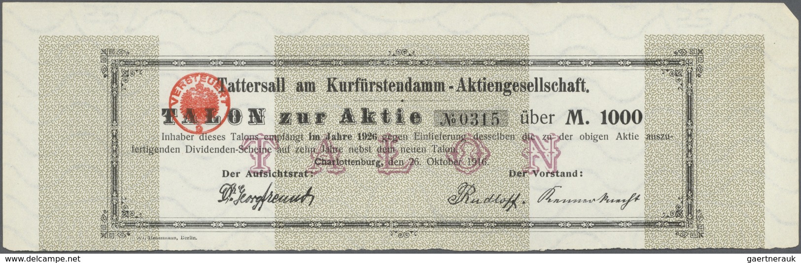 Alte Aktien / Wertpapiere: 1906: Tattersall Am Kurfürstendamm-AG, Charlottenburg, Gründeraktie 100 M - Autres & Non Classés