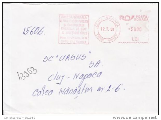 71211- REVENUE SERVICE, CLUJ NAPOCA, AMOUNT 5000, RED MACHINE STAMPS ON COVER, 2001, ROMANIA - Brieven En Documenten