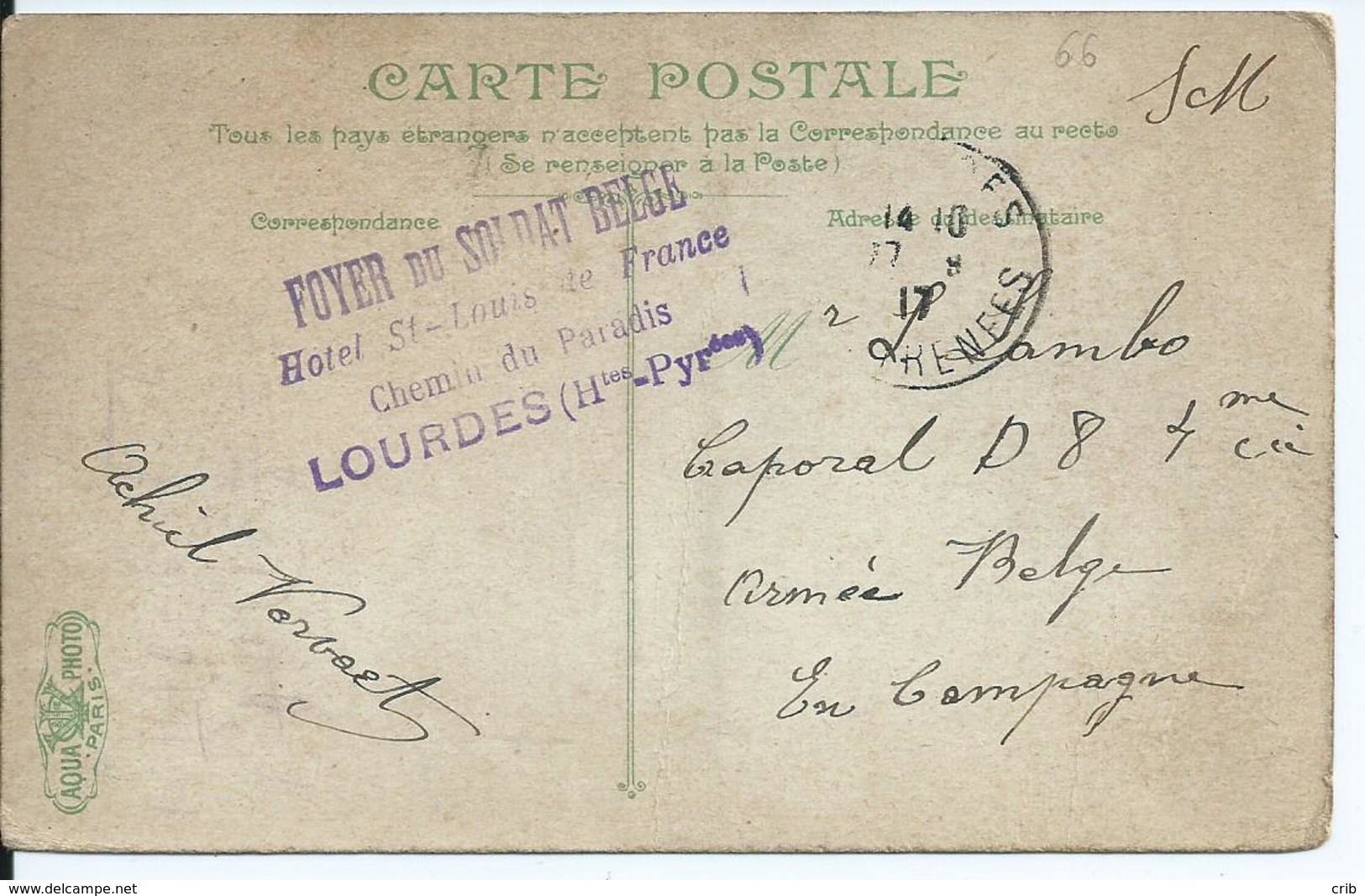 Prentkaart Van Lourdes Naar D 8 - Stempel FOYER DU SOLDAT BELGE / LOURDES - Belgisch Leger