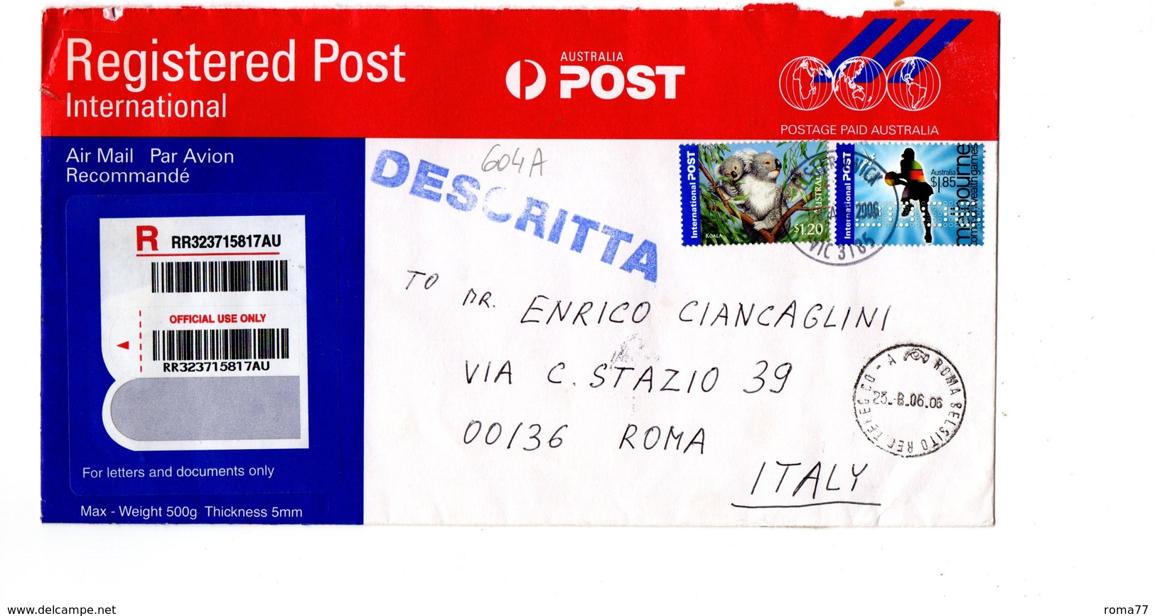 MK604a - AUSTRALIA 2006, Lettera RACCOMANDATA Per L'Italia . - Lettres & Documents