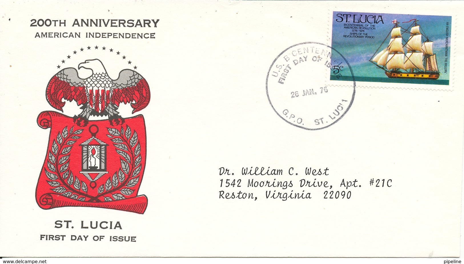 St. Lucia FDC 26-1-1976 U.S. Bi-Centennial 1776 - 1976 With Cachet - Us Independence