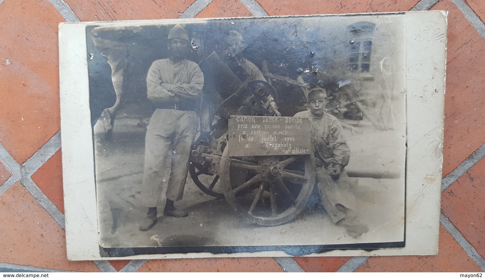 RARE CARTE PHOTO  - Canon Lance Bombe Pris Aux Boches Par La 30 Section AMC En Juillet 1921 à Wiegschutz (Hte Silésie) - Weltkrieg 1914-18