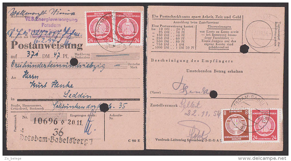 Potsdam-Babelsberg Postanweisung 1954, Frankiert Mit Dienstmarken, Seltene Verwendungsart De Verwaltungspost B - Sonstige & Ohne Zuordnung