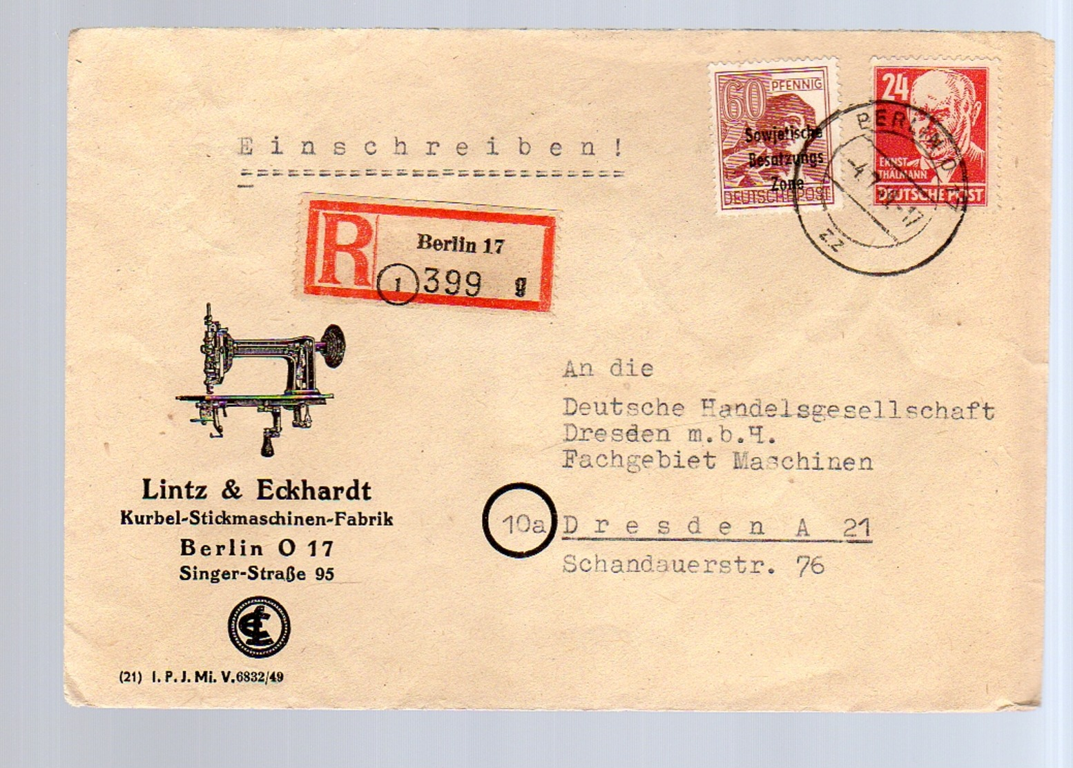 Lintz & Eckhardt Kurbel-Stickmaschinen-Fabrik Singer-Strasse!! 1946 (DDr154) - Altri & Non Classificati